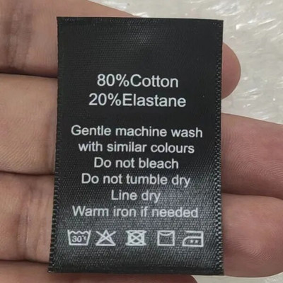 În stoc Etichete de spălat cu imprimeu satinat 100BUC 3*5 cm Etichete pentru îmbrăcăminte Bumbac/Matase/Cașmir/Lână/In/Poliester Etichetă neagră de îngrijire