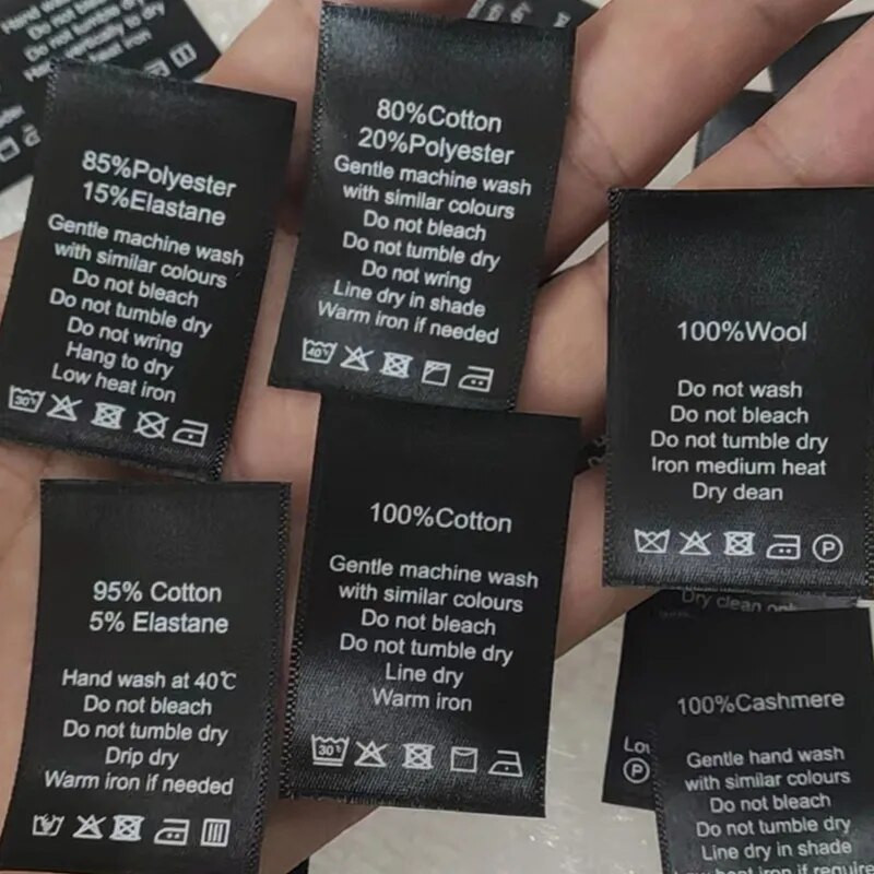 Yra sandėlyje Satin Print Skalbimo Etiketės 100Vnt 3*5 cm Drabužių Etiketės Medvilnė/Šilkas/Kašmyras/Vilna/Linas/Poliesteris Juoda priežiūros etiketė