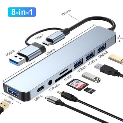 8-IN-2 USB HUB 3.0 USB C HUB doko stotis 5Gbps didelės spartos perdavimo USB skirstytuvas Type C į USB OTG adapteris, skirtas Macbook Pro