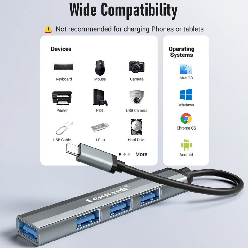 Lemorele USB centrmezgls C tipa centrmezgls USB3.0 OTG 4 portu USB C/A centrmezgls Multi Splitter Adapter klēpjdatora piederumi Lenovo Macbook Pro