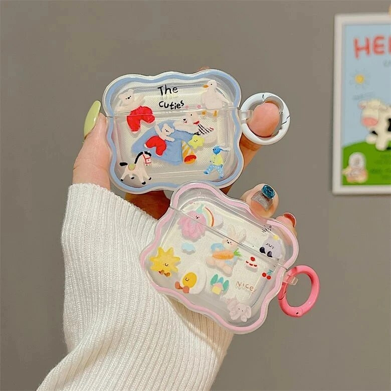 Ins Korean Cute Cartoon Couples Κάλυμμα ακουστικών για Airpods 1 2 3 Ακουστικά Coque Soft Wave Θήκη για Apple Airpod Pro 2nd Keyring