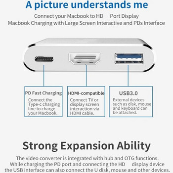 USBC3.0 3 σε 1 HUB Type-c σε HDMI-συμβατό USB 3.0 Docking Station Charging 4K Adapter Splitter for MacBook Air Pro Samsung