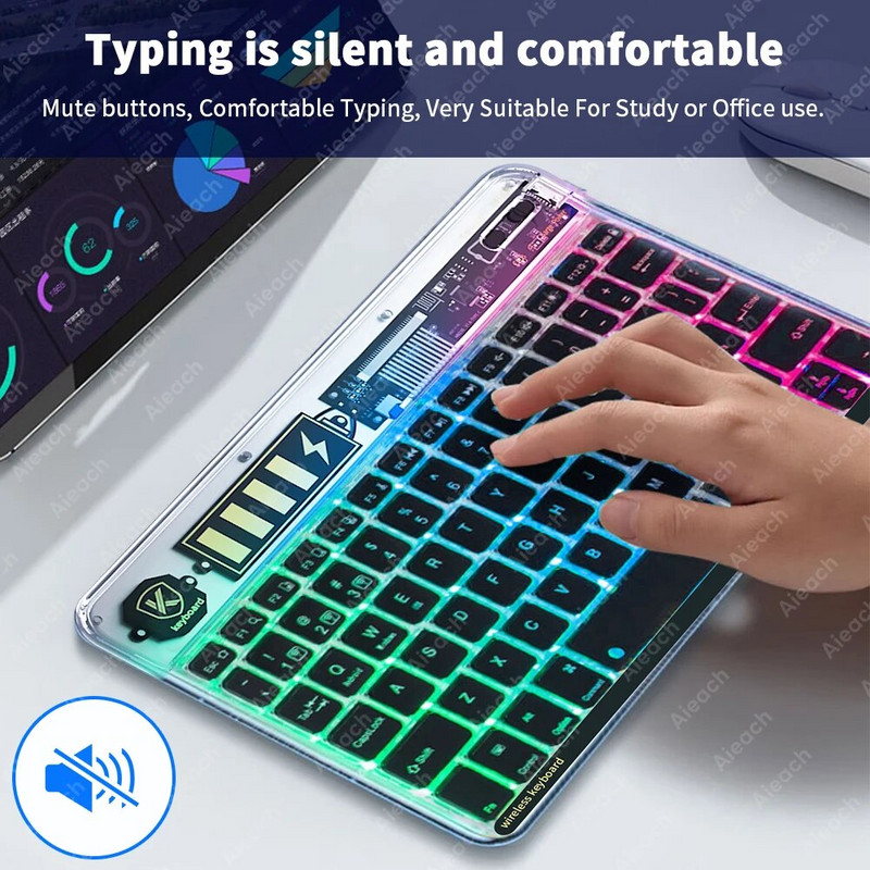 Jauna caurspīdīga fona apgaismojuma planšetdatora tastatūra iPad Xiaomi Lenovo Samsung planšetdatora tālruņa Bluetooth tastatūra operētājsistēmai Android iOS Windows
