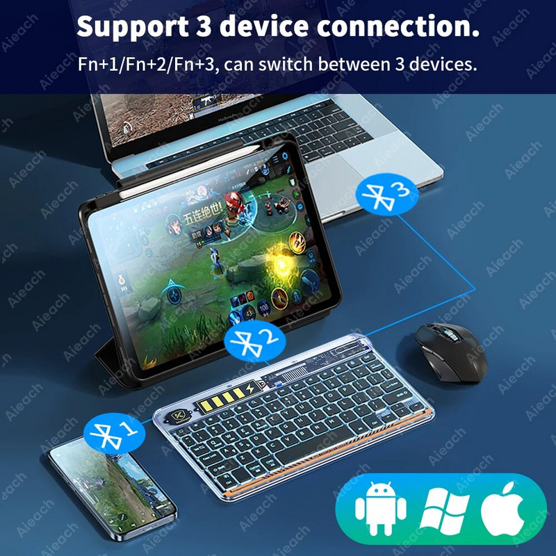Jauna caurspīdīga fona apgaismojuma planšetdatora tastatūra iPad Xiaomi Lenovo Samsung planšetdatora tālruņa Bluetooth tastatūra operētājsistēmai Android iOS Windows
