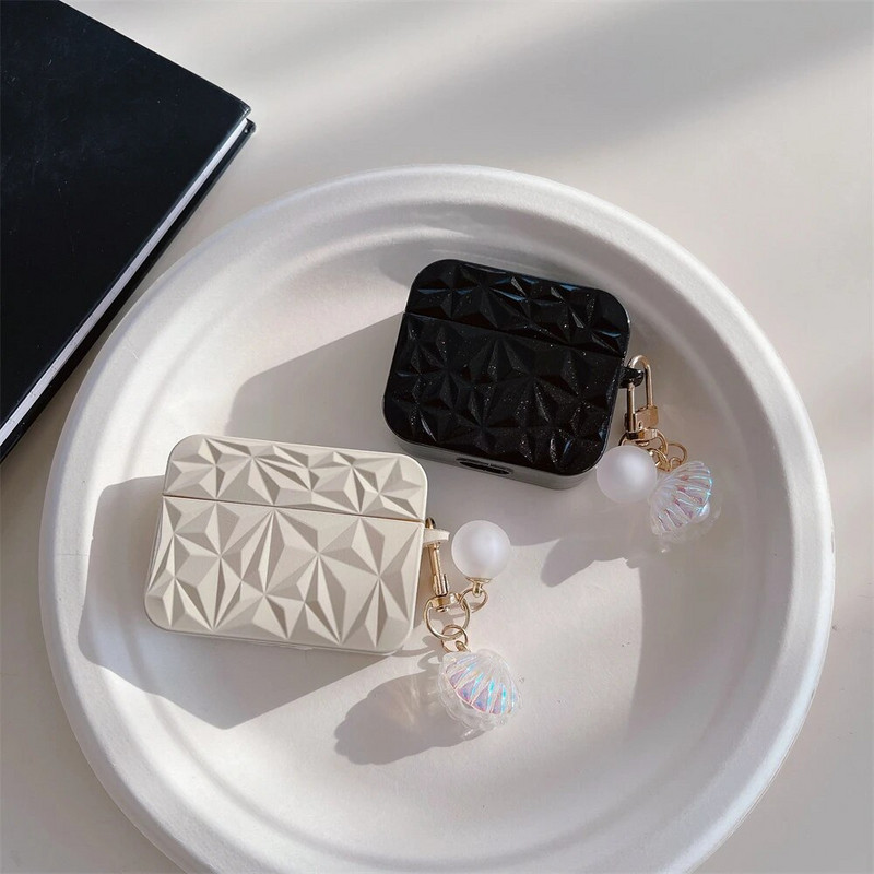 Luksuslik mustvalge Rhombus Diamond kõrvaklappide ümbris Airpods 1 2 3 jaoks koos Shelli ripatsiga kaitsev pehme ümbris Airpods Pro 2 jaoks