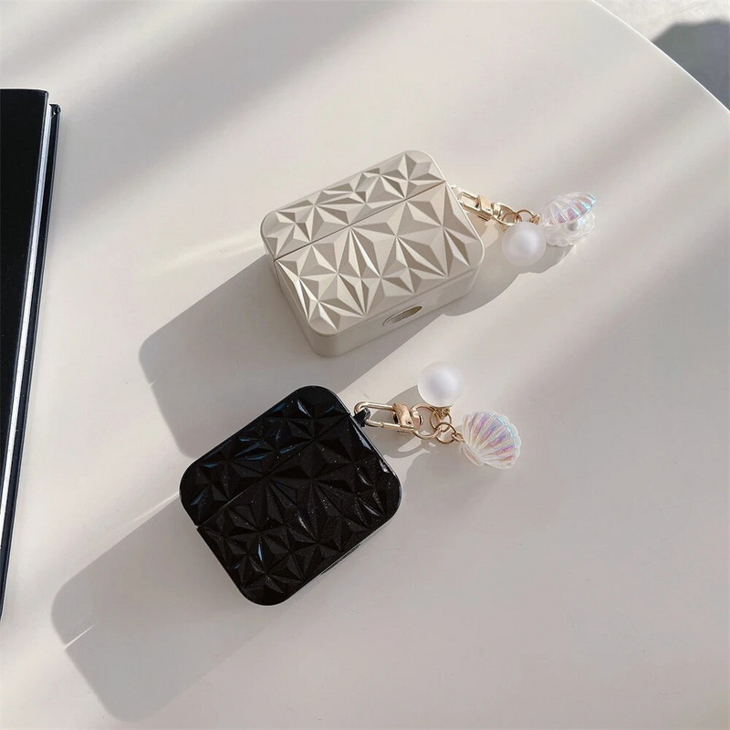 Luksuslik mustvalge Rhombus Diamond kõrvaklappide ümbris Airpods 1 2 3 jaoks koos Shelli ripatsiga kaitsev pehme ümbris Airpods Pro 2 jaoks