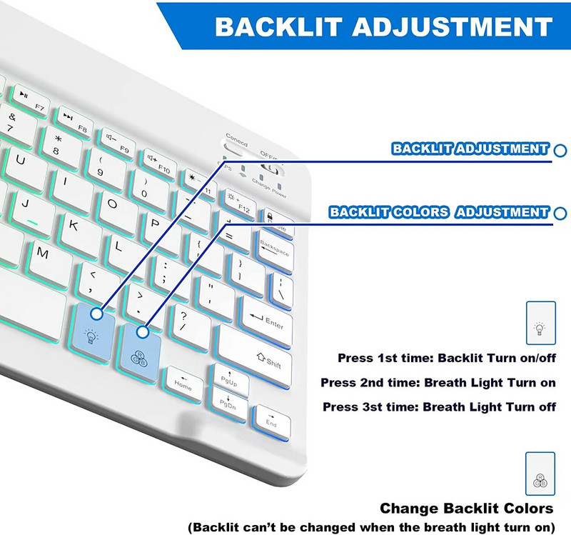 Λευκό 10 ιντσών με οπίσθιο φωτισμό για iPad Πληκτρολόγιο με οπίσθιο φωτισμό Πληκτρολόγιο Bluetooth για Ασύρματο πληκτρολόγιο IOS Android Windows