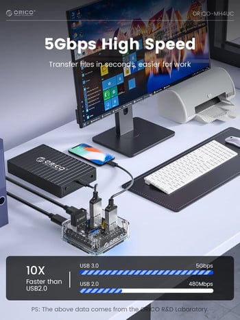 ORICO Διαφανές Usb C Hub Επέκταση 4 θυρών με διασύνδεση τροφοδοτικού USB 3.2 Πρωτόκολλο μετάδοσης υψηλής ταχύτητας OTG