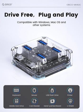 ORICO Διαφανές Usb C Hub Επέκταση 4 θυρών με διασύνδεση τροφοδοτικού USB 3.2 Πρωτόκολλο μετάδοσης υψηλής ταχύτητας OTG