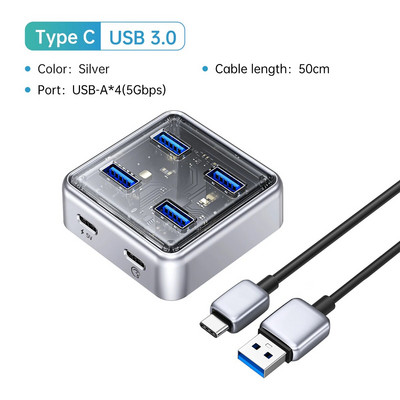 ORICO Διαφανές Usb C Hub Επέκταση 4 θυρών με διασύνδεση τροφοδοτικού USB 3.2 Πρωτόκολλο μετάδοσης υψηλής ταχύτητας OTG