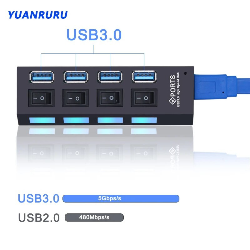 USB jaotur 3.0 jaotur USB 3 USB 2.0 mitme USB jaoturi toiteadapter 4/7 pordiga mitme laiendiga 2.0 arvutitarvikute lülitiga