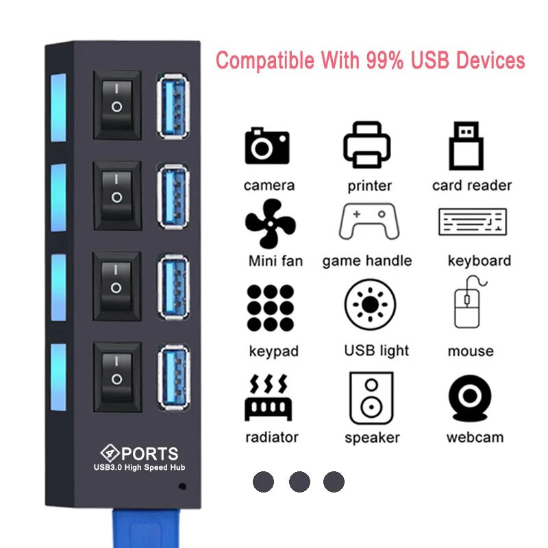 USB jaotur 3.0 jaotur USB 3 USB 2.0 mitme USB jaoturi toiteadapter 4/7 pordiga mitme laiendiga 2.0 arvutitarvikute lülitiga