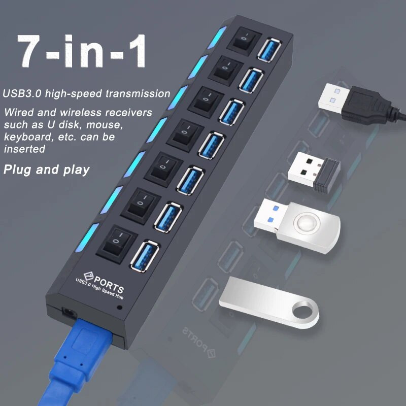 USB jaotur 3.0 jaotur USB 3 USB 2.0 mitme USB jaoturi toiteadapter 4/7 pordiga mitme laiendiga 2.0 arvutitarvikute lülitiga