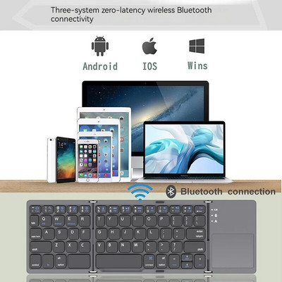 Bezvadu Bluetooth Mini trīs salokāmās tastatūras atbalsts mobilajiem tālruņiem, planšetdatori salokāmi un uzlādējami ar skārienpaliktni