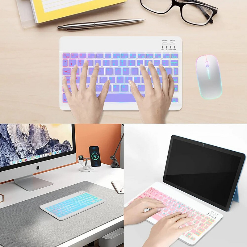 Bluetooth aizmugurgaismota 10 collu pārnēsājama īpaši plāna tastatūra Samsung Huawei Apple ierīcei, bezvadu uzlādējama Teclado RGB Color