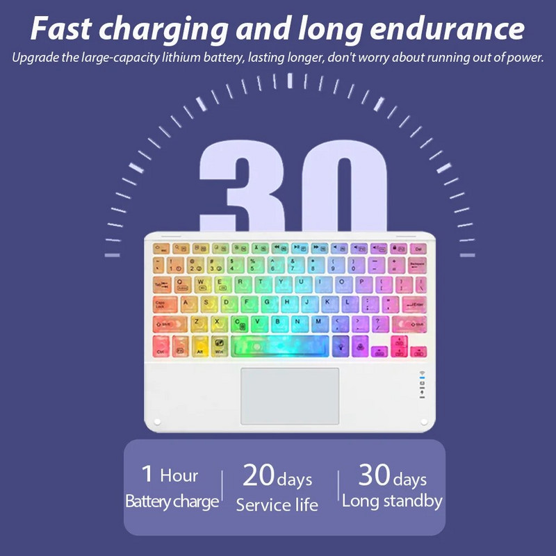 Bluetoothi taustvalgustusega klaviatuur ja hiir koos puuteplaadiga Apple Xiaomi Huawei Samsungi mitmevärvilise ja keelelise kaasaskantava tahvelarvuti jaoks