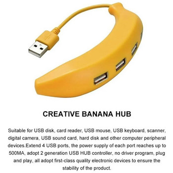 Очарователен забавен дизайн с форма на банан USB 2.0 4-портов хъб, преносим креативен удължител, подходящ за PC Mac лаптоп