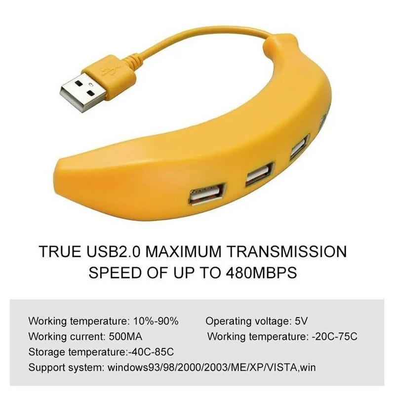 Αξιολάτρευτο Funny Banana Shape Design Hub USB 2.0 4 Port, Portable Creative Extender, Κατάλληλο για PC Mac Laptop