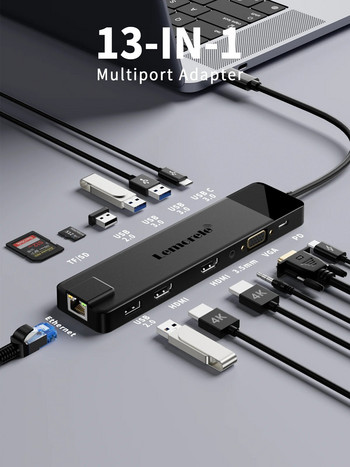Lemorele TC100 USB C HUB USB 3.0 Docking Station RJ45 Gigabit Ethernet USB Type-C to Dual HDMI VGA for Macbook Air Pro iPad Pro