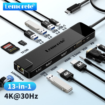 Lemorele TC100 USB C HUB USB 3.0 prijungimo stotis RJ45 Gigabit Ethernet USB Type-C į Dual HDMI VGA, skirtas Macbook Air Pro iPad Pro