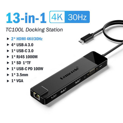 Lemorele TC100 USB C HUB USB 3.0 dokstacija RJ45 Gigabit Ethernet USB Type-C uz Dual HDMI VGA Macbook Air Pro iPad Pro