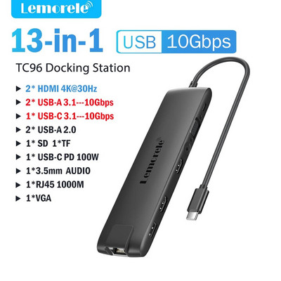 Lemorele TC100 USB C HUB USB 3.0 dokstacija RJ45 Gigabit Ethernet USB Type-C uz Dual HDMI VGA Macbook Air Pro iPad Pro