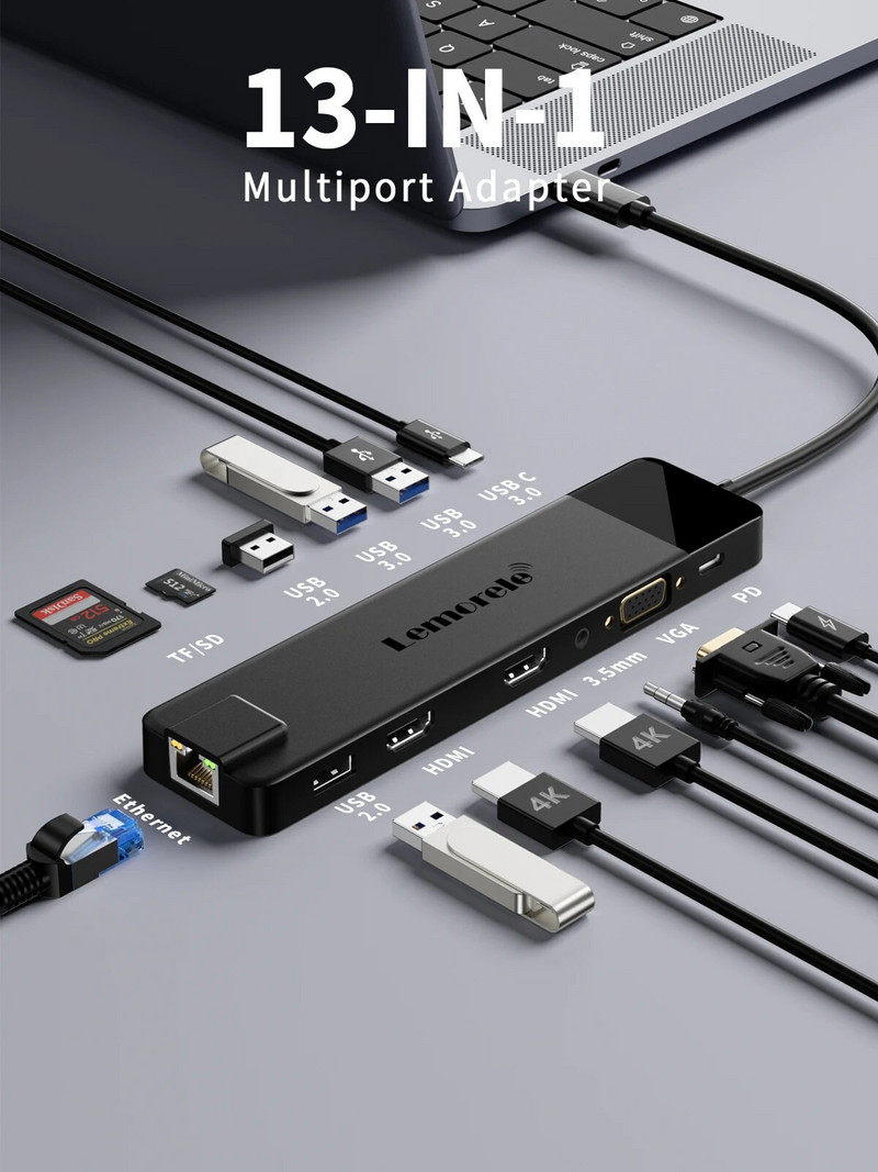 Lemorele TC100 USB C HUB USB 3.0 dokstacija RJ45 Gigabit Ethernet USB Type-C uz Dual HDMI VGA Macbook Air Pro iPad Pro