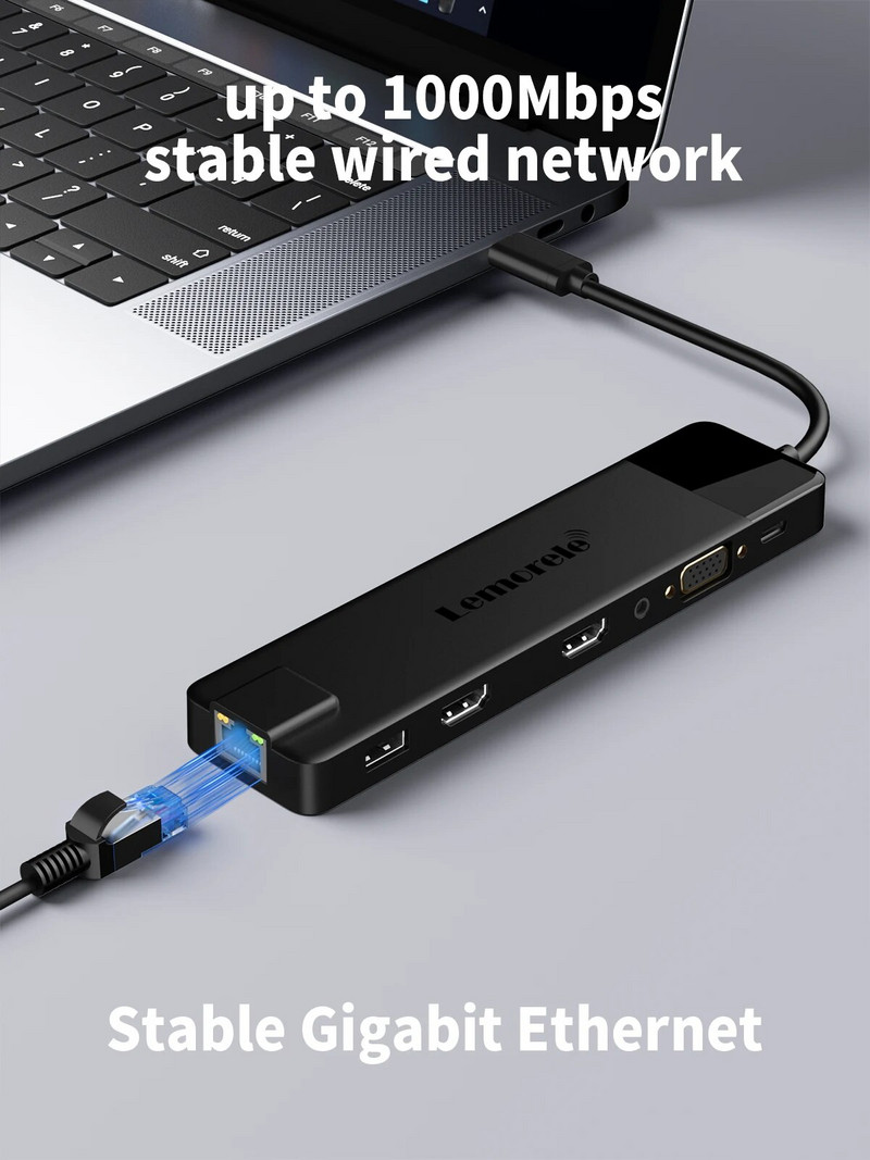 Lemorele TC100 USB C HUB USB 3.0 dokstacija RJ45 Gigabit Ethernet USB Type-C uz Dual HDMI VGA Macbook Air Pro iPad Pro