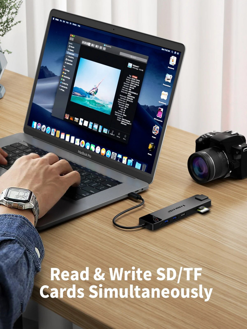 Lemorele TC100 USB C HUB USB 3.0 dokstacija RJ45 Gigabit Ethernet USB Type-C uz Dual HDMI VGA Macbook Air Pro iPad Pro