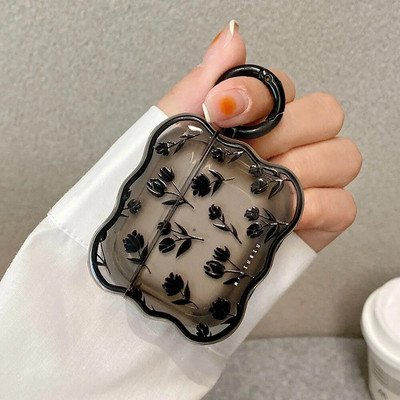 INS Caurspīdīgs Black Tulip Flower futrālis AirPods 3 1 Jauks caurspīdīgs vāciņš Retro Rose Flowers Wave Austiņas Funda ierīcei Airpod Pro 2