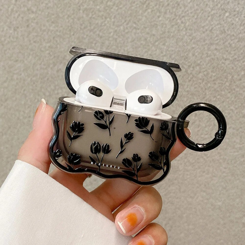 INS Caurspīdīgs Black Tulip Flower futrālis AirPods 3 1 Jauks caurspīdīgs vāciņš Retro Rose Flowers Wave Austiņas Funda ierīcei Airpod Pro 2