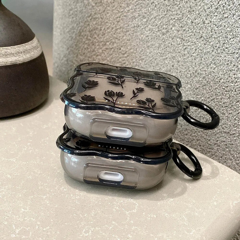 INS Caurspīdīgs Black Tulip Flower futrālis AirPods 3 1 Jauks caurspīdīgs vāciņš Retro Rose Flowers Wave Austiņas Funda ierīcei Airpod Pro 2