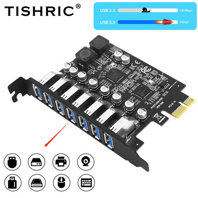 Multiplicator TISHRIC USB 3.2 Gen1 PCI Express PCI E la 7 porturi Placă adaptor de expansiune Hub USB 3 Controler PCI-E 1X pentru desktop