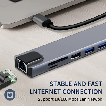USB C концентратор 8 в 1 тип C 3.1 към 4K HDMI адаптер с RJ45 SD/TF четец на карти PD бързо зареждане за MacBook Notebook лаптоп компютър