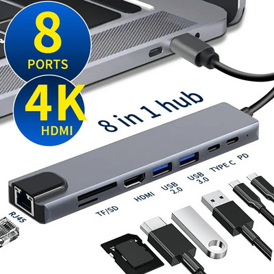 USB C Hub 8 In 1 Type C 3.1 To 4K HDMI Adapter with RJ45 SD/TF Card Reader PD Fast Charge for MacBook Notebook Laptop