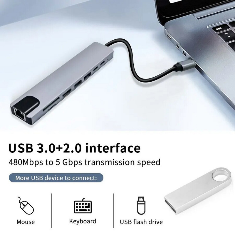USB C Hub 8 In 1 Type C 3.1 To 4K HDMI Adapter with RJ45 SD/TF Card Reader PD Fast Charge for MacBook Notebook Laptop