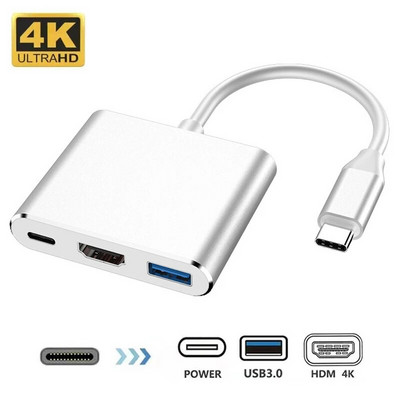 Kolm ühes C-tüüpi 4K-ga HDMI-ühilduv USB 3.0 laadimisadapter USB C-jaotur USB 3.0 dokijaama jaotur sülearvuti Macbook Air Pro jaoks