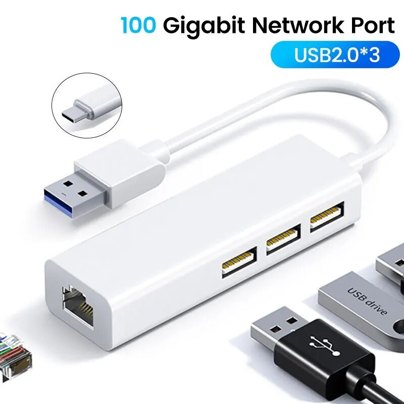 USB-adapter Ethernet USB 2.0.1C/MA 3USB 2.0+RJ45 jaotur MacBook Xiaomi Samsung Windows Huawei arvutiadapteri jaoks