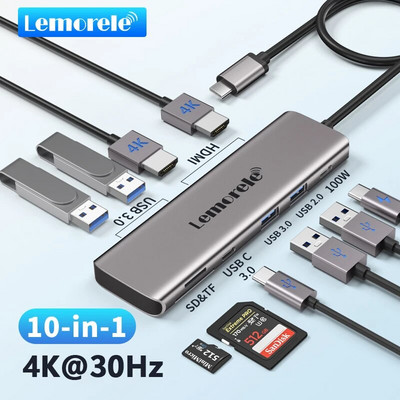 Lemorele TC91 USB C HUB USB 3.0 докинг станция USB Type-C към двоен HDMI за Macbook Air Pro iPad Pro M2 M1 PC Extend 2 Different