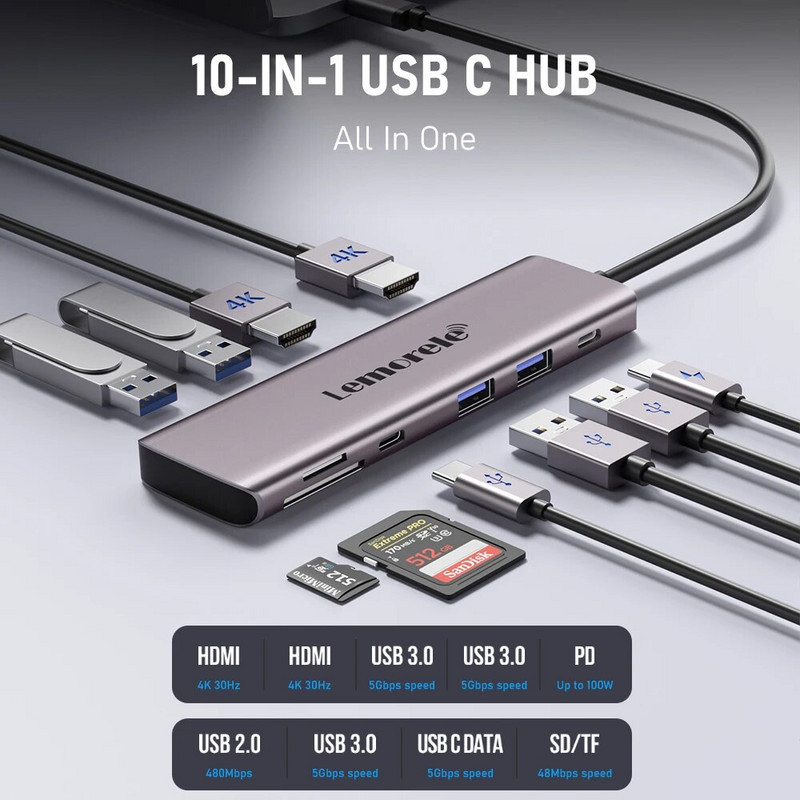 Lemorele TC91 USB C HUB USB 3.0 Docking Station USB Type-C to Dual HDMI for Macbook Air Pro iPad Pro M2 M1 PC Extend 2 Different
