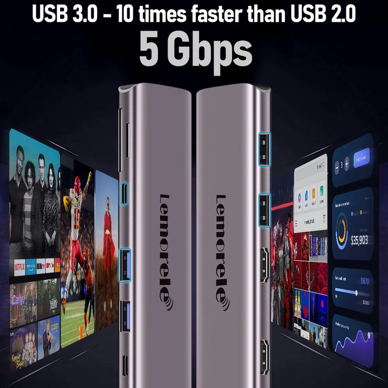 Lemorele TC91 USB C HUB USB 3.0 Docking Station USB Type-C to Dual HDMI for Macbook Air Pro iPad Pro M2 M1 PC Extend 2 Different