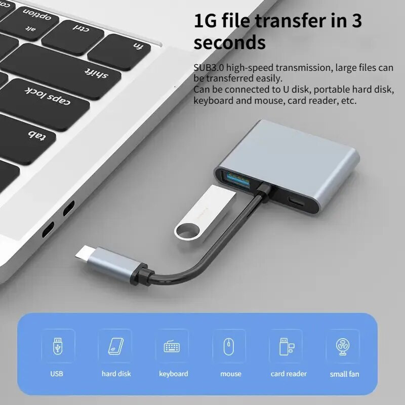 Mitme ekraaniga samaaegne ekraan Heterodyne Type-c 4-in-1 kuni kahe HDMI+USB3.0+PD kiirlaadimisega 4K HD konverter jaoturi dokkimisjaam