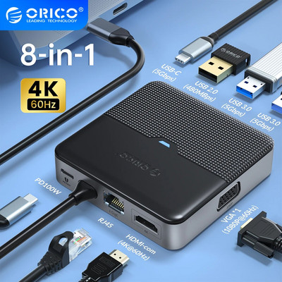 Stație de andocare ORICO tip C HUB USB 3.0 4K60Hz Adaptor PD RJ45 compatibil HDMI pentru Macbook iPad Air M1 Accesorii PC Splitter