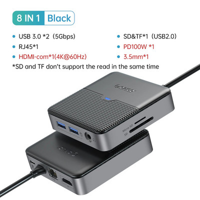 ORICO C-tüüpi dokkimisjaam USB 3.0 jaotur 4K60Hz HDMI-ühilduv RJ45 PD-adapter Macbooki iPad Air M1 arvutitarvikute jaoturi jaoks