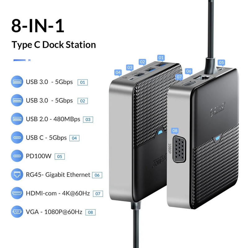 ORICO C-tüüpi dokkimisjaam USB 3.0 jaotur 4K60Hz HDMI-ühilduv RJ45 PD-adapter Macbooki iPad Air M1 arvutitarvikute jaoturi jaoks