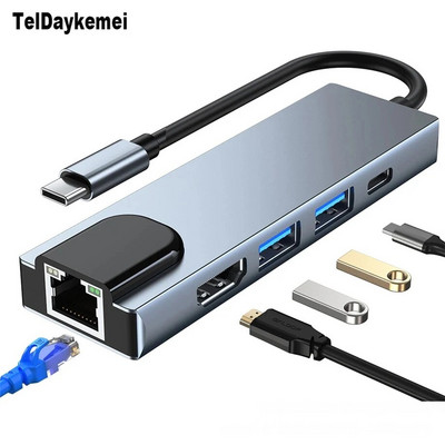 5 в 1 USB C хъб Тип C към 4K HD адаптер с RJ45 мрежа 1000M Ethernet Lan адаптер за порт за зарядно устройство за Macbook Pro