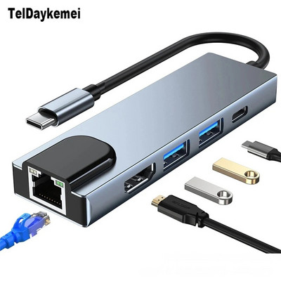 5 u 1 USB C čvorište tipa C na 4K HD adapter s RJ45 mrežom 1000M Ethernet Lan punjač, adapter za Macbook Pro