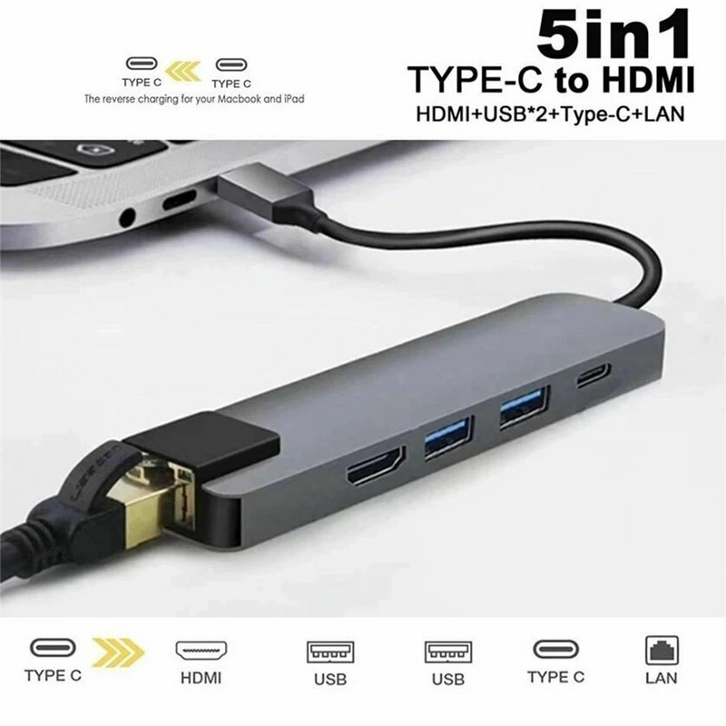 Adaptor 5 în 1 USB C Hub tip C la 4K HD cu rețea RJ45 1000M Ethernet Adaptor port încărcător Lan pentru Macbook Pro