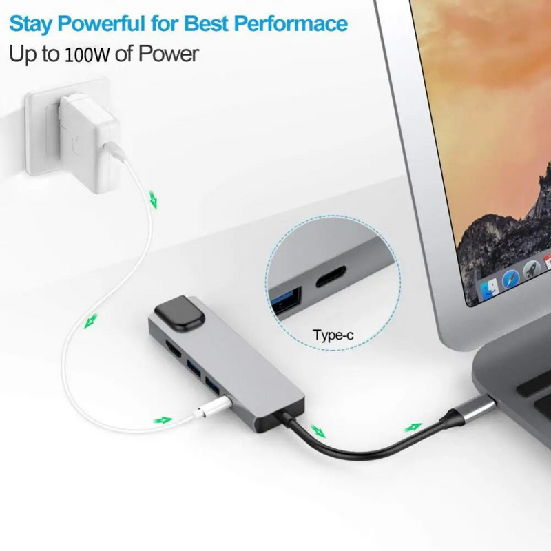Adaptor 5 în 1 USB C Hub tip C la 4K HD cu rețea RJ45 1000M Ethernet Adaptor port încărcător Lan pentru Macbook Pro