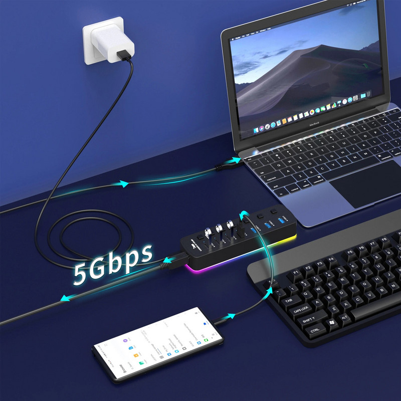 Διανομέας USB 3.0 4 θύρες 7 θύρες Προσαρμογέας θύρας δεδομένων USB 3.0 5 Gbps Υψηλής ταχύτητας Ατομικός διακόπτης ενεργοποίησης/απενεργοποίησης επέκτασης USB